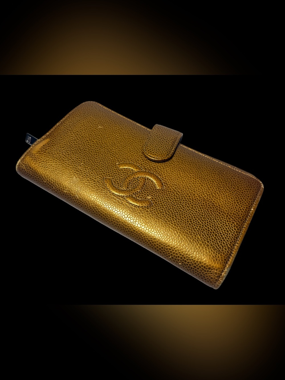 CHANEL Metallic Gold Quilted Caviar Leather Wallet